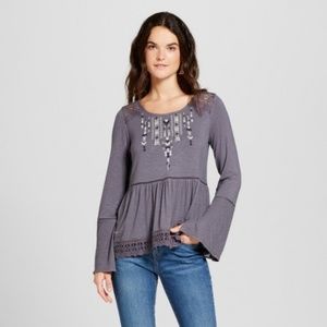 NEW! Women's Gray Embroidered Split Bell Sleeve Peplum Top